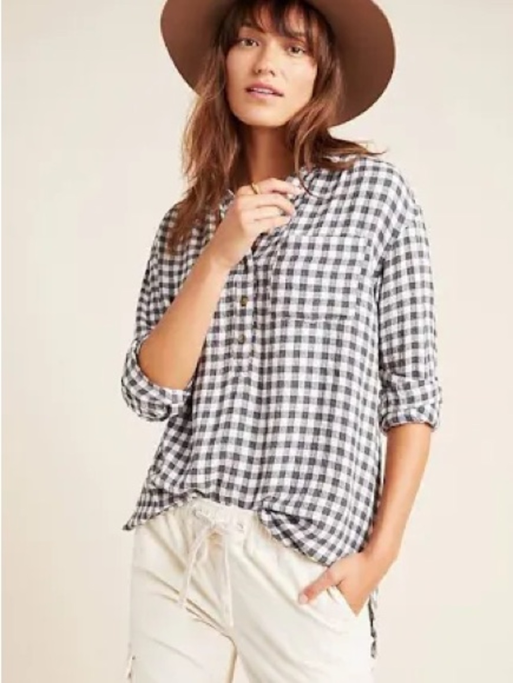 by Anthropologie Isadora Button-Back Plaid Gingham Blouse